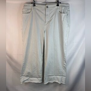 Wide leg cropped pants with a high rise. Blue and white stripes and frayed hems